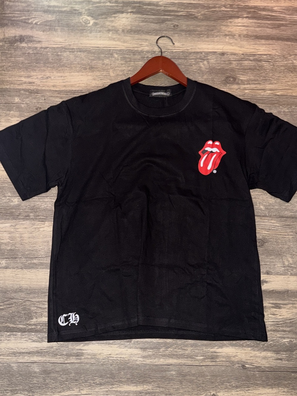 Black Graphic Tee with Red Tongue Logo